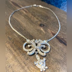 💋 Vintage Art Deco 15” Sterling 8 Necklace Bow Gemstone Rhinestone Pendant 💎